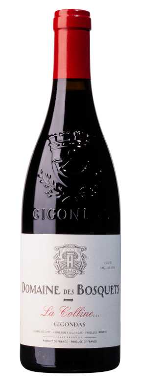 Produktfoto: Weinflasche Domaine des Bosquets La Colline Gigondas mit rotem Verschluss.
