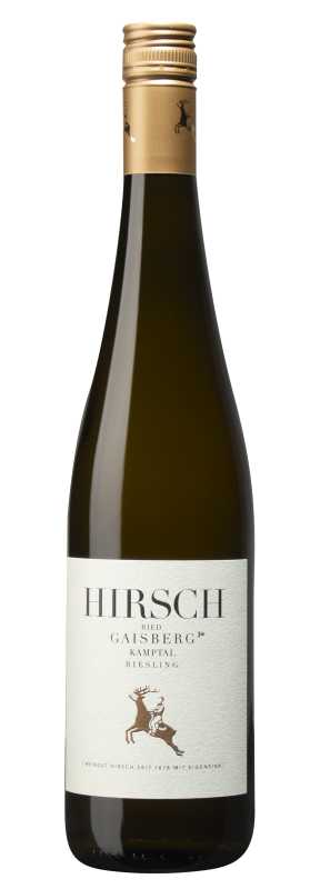 Produktfoto: Eine Weinflasche mit goldenem Schraubverschluss und Etikett mit der Aufschrift 'HIRSCH RIED GAISBERG KAMPTAL RIESLING'.
