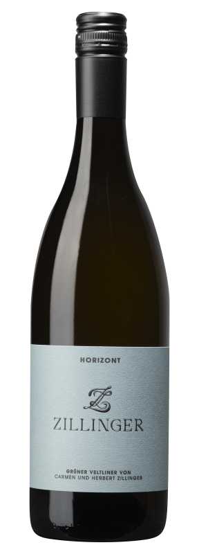 Produktfoto: Weinflasche mit blauem Etikett, Aufschrift Zillinger Horizont.