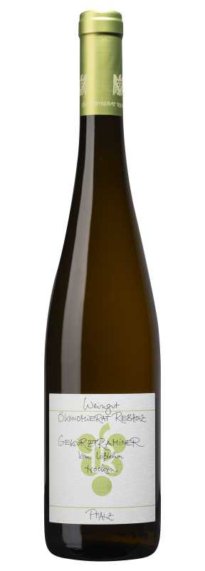 Produktfoto: Weißweinflasche mit grünem Etikett und Kapsel, Beschriftung: Weingut Ökonomierat Rebholz, Gewürztraminer, Vom Lößlehm, trocken, Pfalz.