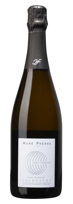 Produktfoto: Champagnerflasche mit Etikett 'Huré Frères Inattendue Blanc de Blancs'.