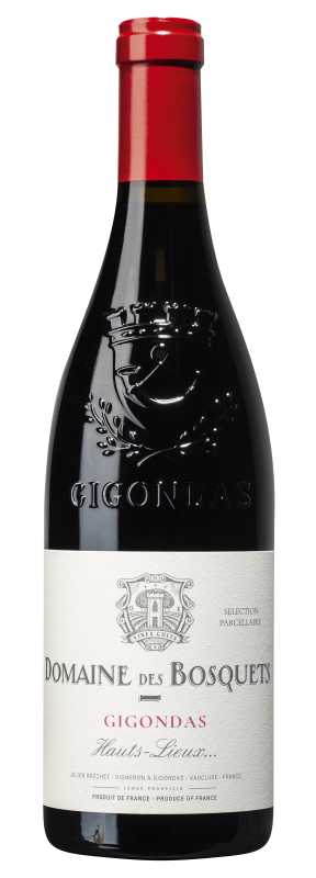 Produktfoto: Weinflasche Domaine des Bosquets Gigondas mit rotem Kapselverschluss und Etikett.