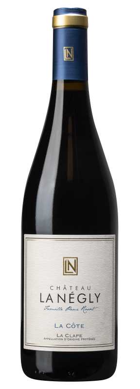 Produktfoto: Flasche Château Lanégly La Côte, La Clape, Appellation d'Origine Protégée, mit blauem Kapsel und Etikett.