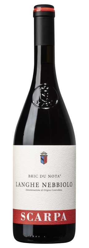 Produktfoto: Weinflasche mit Etikett 'Scarpa Nebbiolo d'Alba Bric du Nota'.