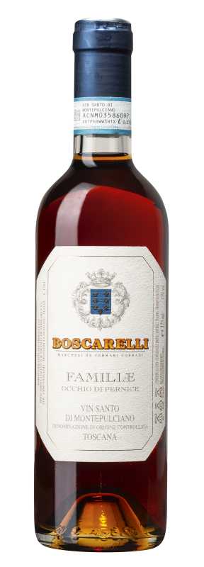 Produktfoto: Weinflasche Boscarelli Vin Santo di Montepulciano, Etikett sichtbar.