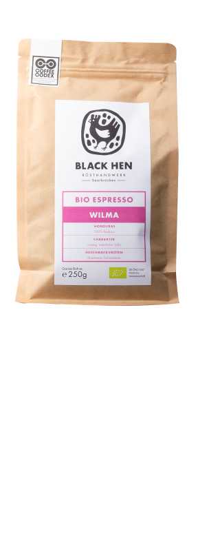 Produktfoto: Eine braune Verpackung mit dem Logo “Black Hen“ und der Aufschrift “Bio Espresso Wilma“. Herkunft: Honduras, 100% Arabica.
