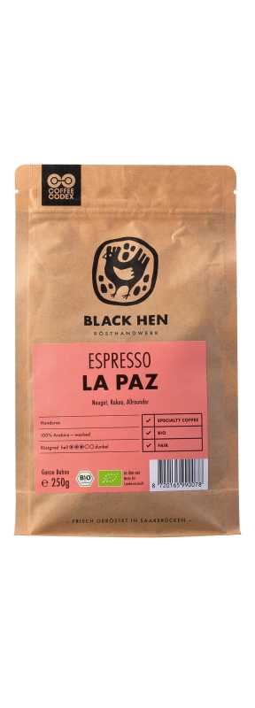 Produktfoto: Eine braune Verpackung mit einem Etikett von Black Hen Bio Espresso La Paz, 250g, ganze Bohne, aus Honduras.