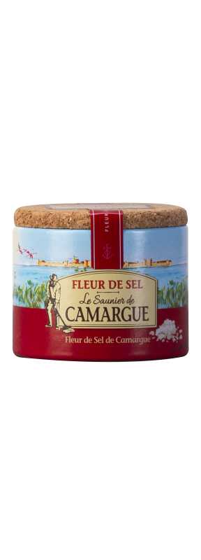 Produktfoto: Dose mit der Aufschrift 'Le Saunier de Camargue - Fleur de Sel'. Naturmotiv auf der Verpackung.