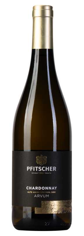 Produktfoto: Weinflasche mit schwarzem Etikett, “Pfitscher Chardonnay Arvum“.