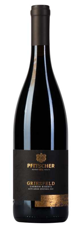 Produktfoto: Weinflasche mit schwarzem Etikett, “PFITSCHER“ und “GRIESFELD“ in Gold.