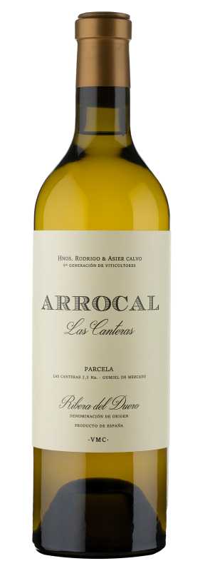 Produktfoto: Weinflasche Arrocal Las Canteras mit goldener Kapsel und Etikett in Schwarz-Weiß.