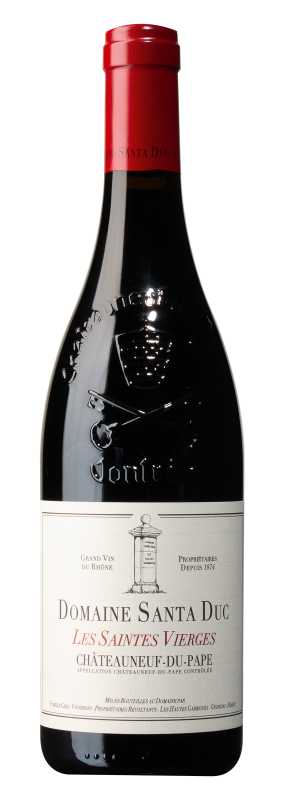 Produktfoto: Weinflasche mit rotem Verschluss und Etikett “Domaine Santa Duc“.