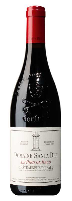 Produktfoto: Flasche Rotwein Domaine Santa Duc Le Pied de Baud Châteauneuf-du-Pape mit rotem Verschluss.