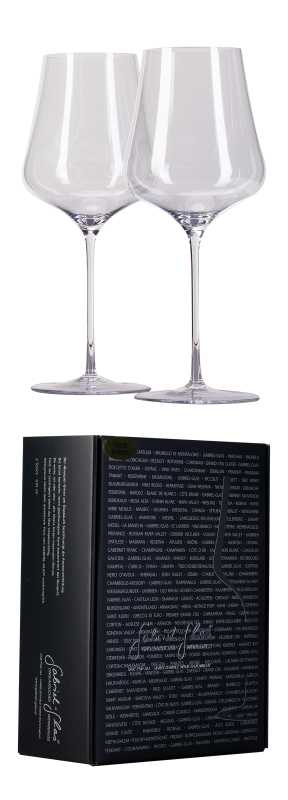 Produktfoto: Zwei Weingläser und eine Verpackung mit Weinbezeichnungen.