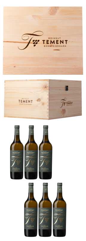Produktfoto: Holzkiste mit Weingut-Logo und sechs Weinflaschen.