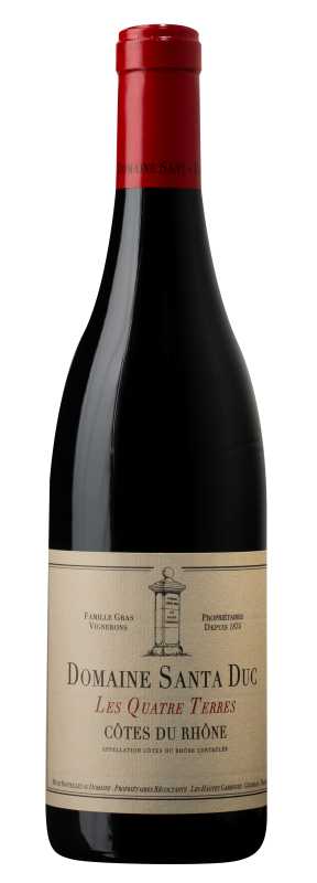 Produktfoto: Rotweinflasche mit Etikett “Domaine Santa Duc, Les Quatre Terres, Côtes du Rhône“.