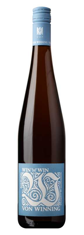 Produktfoto: Weinflasche mit blauem Etikett und Schraubverschluss.