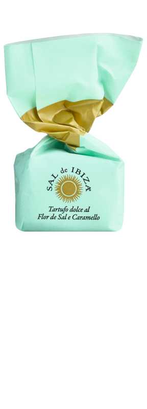 Produktfoto: Verpackung eines Trüffelbonbons mit Salz und Karamell.