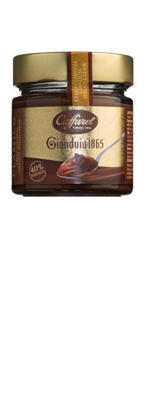 Produktfoto: Ein Glas mit gelbem Etikett der Marke Caffarel, Gianduia 1865, mit Haselnusscreme aus Piemont.