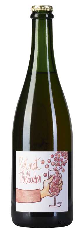 Produktfoto: Grüne Weinflasche mit Etikett "Pet nat Thillardon" und Illustration von Hand mit Glas.