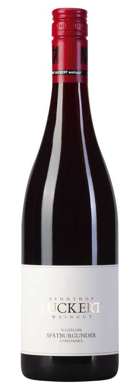 Produktfoto: Rotweinflasche mit rotem Schraubverschluss, Etikett zeigt 'Zehnthof Luckert Weingut Sulzfelder Spätburgunder Unfiltriert'.