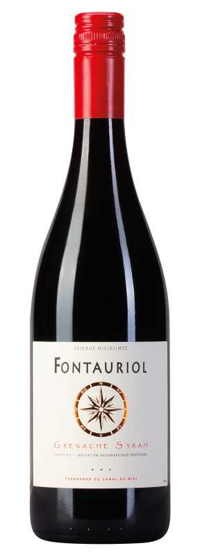 Produktfoto: Flasche Rotwein mit rotem Schraubverschluss, Etikett mit Kompassrose, Text 'Fontauriol Grenache Syrah'.