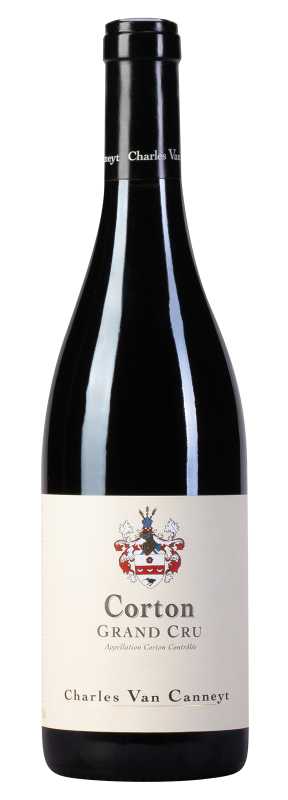 Produktfoto: Flasche Rotwein mit Etikett “Corton Grand Cru“ und Wappen.