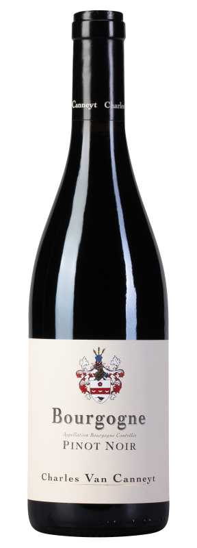 Produktfoto: Flasche Rotwein mit Etikett “Bourgogne Pinot Noir Charles Van Canneyt“.