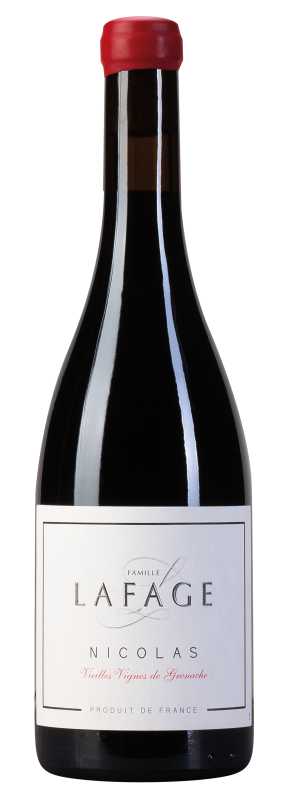 Produktfoto: Flasche Rotwein mit schwarzem Etikett, Aufschrift “Famille Lafage Nicolas Vieilles Vignes de Grenache“.