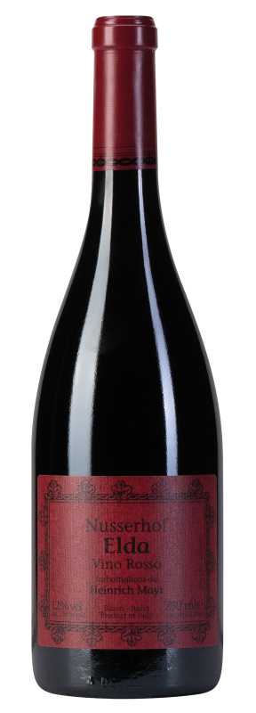 Produktfoto: Flasche mit rotem Etikett, Aufschrift “Nusserhof Elda Vino Rosso“. Alkoholgehalt 12%, 750 ml. Produkt aus Italien.