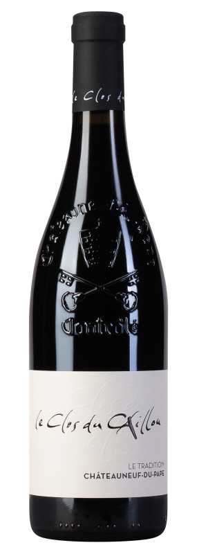 Produktfoto: Flasche Rotwein mit Etikett “Le Clos du Caillou“ und Prägung “Châteauneuf-du-Pape“.