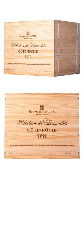 Produktfoto: Holzkiste mit Aufschrift “Sélection de Lieux-dits CÔTE-RÔTIE MILLESIME 2020“.