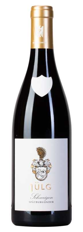 Produktfoto: Weinflasche mit blauem Hals und weißem Etikett. Text: Jülg, Schweigen, Spätburgunder.
