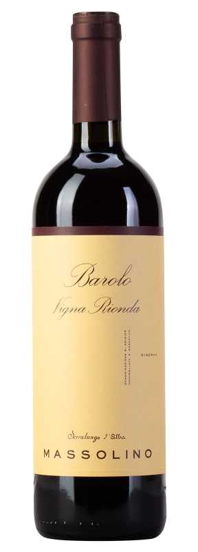 Produktfoto: Eine Weinflasche mit schwarzem Etikett und weißer Schrift. Text: Barolo Vigna Rionda Massolino.