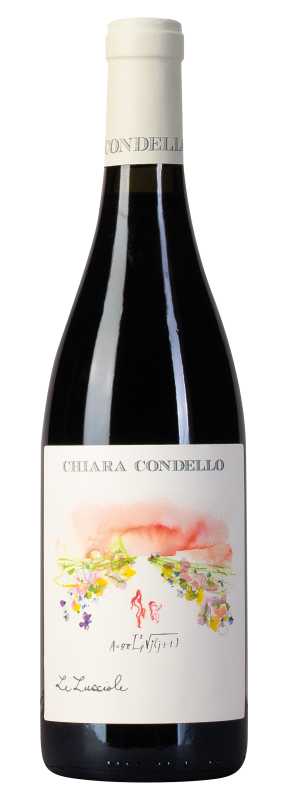Produktfoto: Weinflasche mit weißem Etikett, Chiara Condello, Le Lucciole 2021.