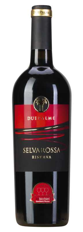Produktfoto: Flasche Rotwein Due Palme Selvarossa Riserva mit Etiketten.