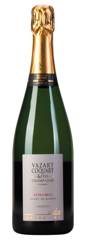Produktfoto: Champagnerflasche mit goldener Folie und Etikett “Vazart Coquart & Fils, Extra Brut, Blanc de Blancs, Grand Cru, Chouilly“.