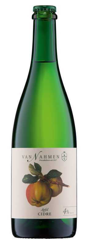 Produktfoto: Grüne Sektflasche, goldene Kapsel, Etikett: Van Nahmen, Apfelmotiv, trocken secco, Cidre, 0,75 Liter.