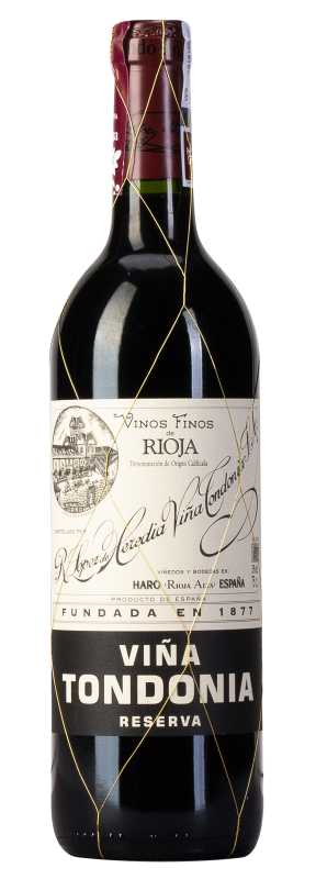 Produktfoto: Flasche Viña Tondonia Reserva Rotwein mit Etikett und goldener Drahtverzierung.