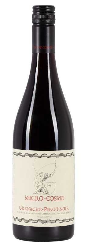Produktfoto: Flasche Micro-Cosme Grenache-Pinot Noir 2022 mit schwarzem Schraubverschluss und cremefarbenem Etikett.