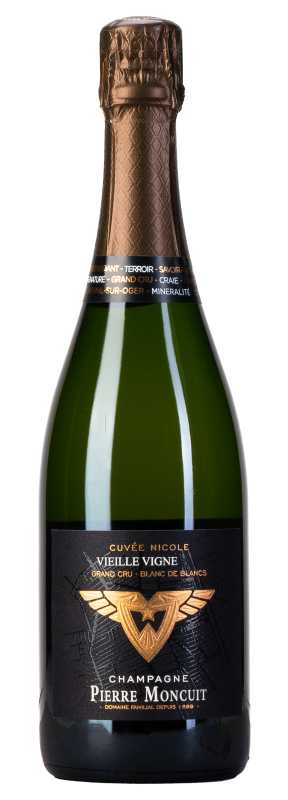 Produktfoto: Hochwertige Champagnerflasche mit Etikett 'Cuvée Nicole Vieille Vigne' und 'Champagne Pierre Moncuit'. Goldene Kapsel.