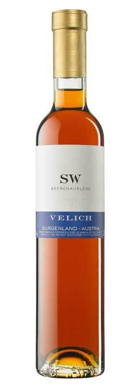 Produktfoto: Eine Flasche österreichischer Beerenauslese von Velich aus dem Burgenland.