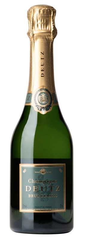 Produktfoto: Champagnerflasche mit goldener Folie und Etikett 'Champagne Deutz Brut Classic'.