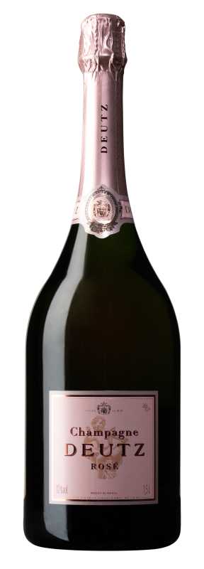 Produktfoto: Champagnerflasche Deutz Rosé mit Etikett und 12% Volumen Alkohol.