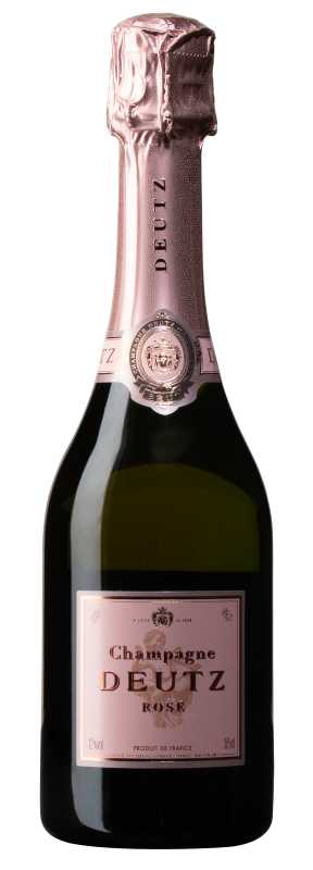 Produktfoto: Champagnerflasche mit rosa Etikett und Folie, Marke Deutz, Rosé, 12% vol, 375ml.