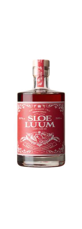 Produktfoto: Flasche mit rotem Etikett, Aufschrift “Sloe Luum“, 30% vol, 500 ml, Luum's Sloe Gin, Small Batch Distilled.