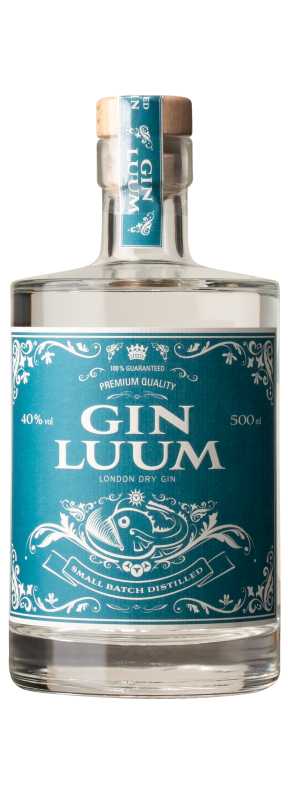 Produktfoto: Flasche Gin Luum London Dry Gin, 500 ml, 40% vol, mit blauem Etikett und Holzverschluss.