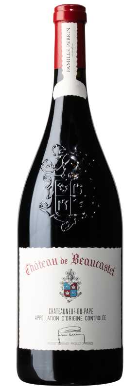 Produktfoto: Flasche Rotwein mit Etikett 'Ch&acirc;teau de Beaucastel', roter Kapsel und Pr&auml;gung. Aufschrift 'Ch&acirc;teauneuf-du-Pape'.
