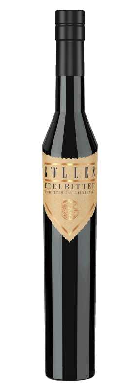 Produktfoto: Flasche Gölles Edelbitter mit schwarzem Etikett und goldener Schrift, traditionelles Familienrezept.