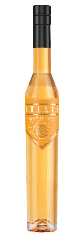 Produktfoto: Flasche Gölles Marillenlikör mit schwarzem Verschluss und orangefarbenem Etikett.